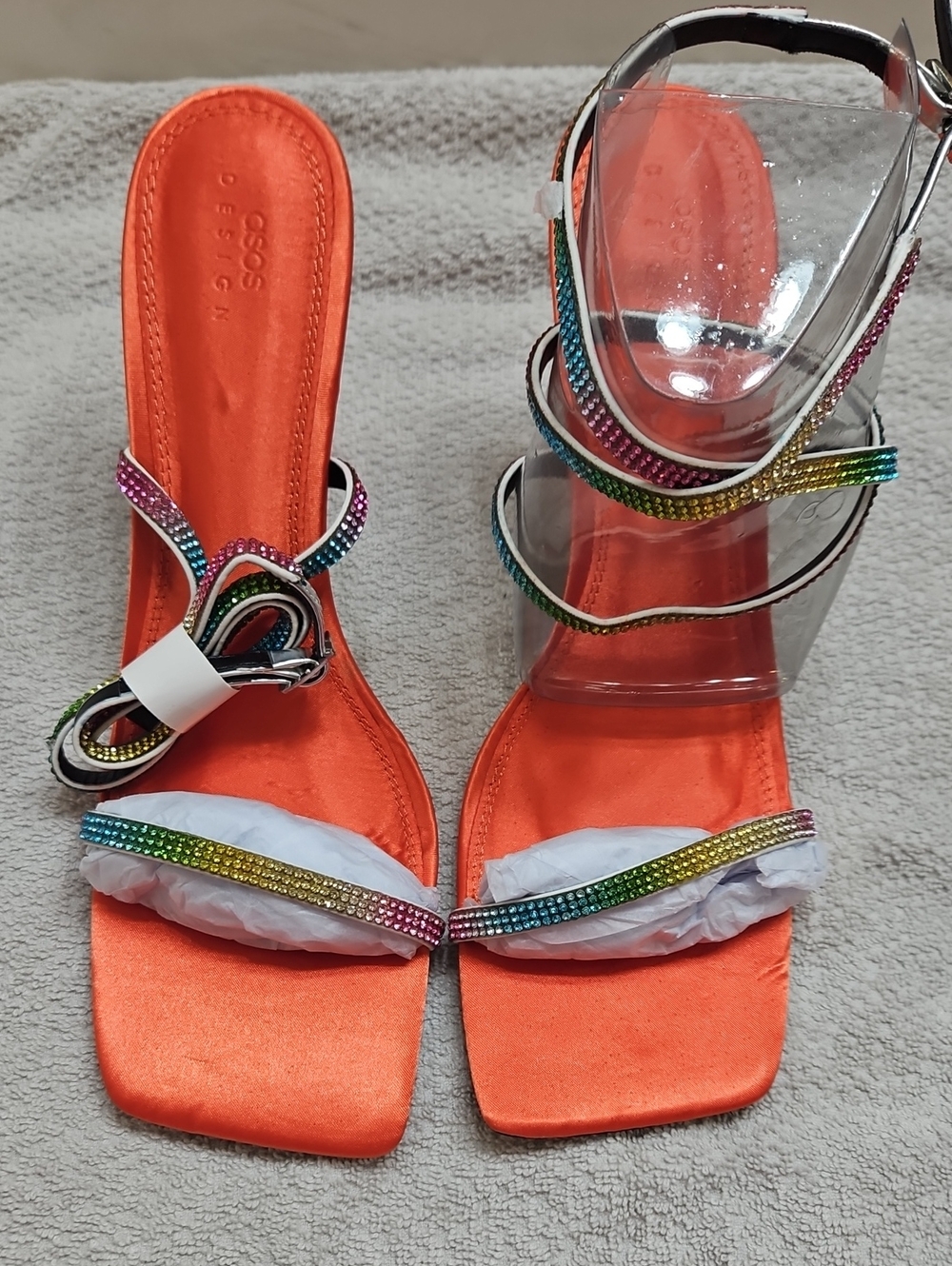 Asos Orange Satin Open-Toe Heels with Rainbow Crystal Straps